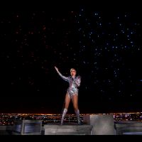 Intel Shooting Star drone fleet lights up the sky behind Lady Gaga for the Pepsi Zero Sugar Super Bowl LI Halftime Show on Sunday, Feb. 5, 2017. (Credit: Intel Corporation)
